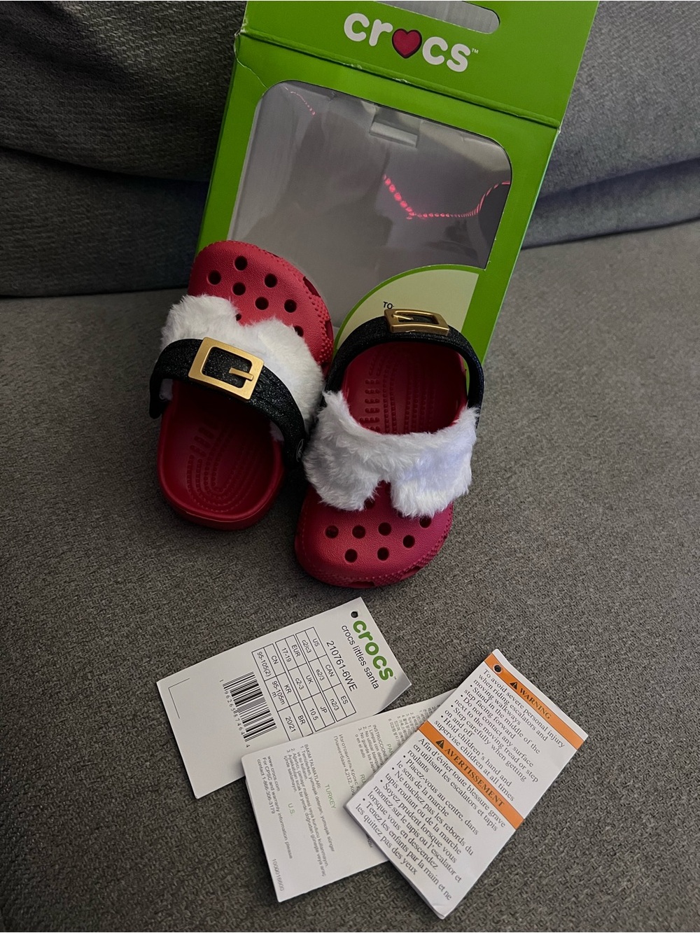 CROCS Kids Red Faux Fur Holiday Clogs with Black Strap and Gold Buckle